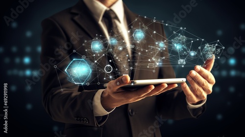 Businessman Holding Interconnected Modern Devices - 3D Render Technology Concept