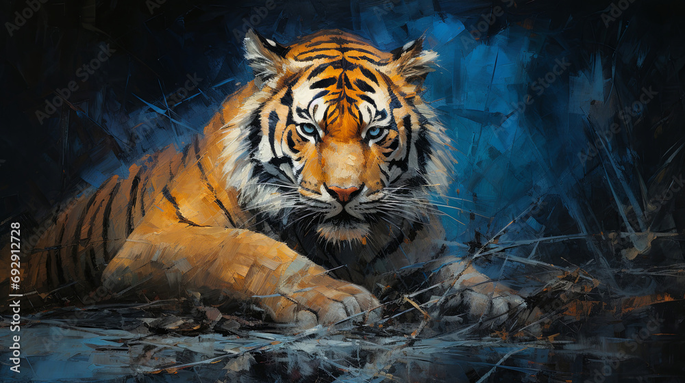 Wild tiger, vibrant and expressive painting. Colorful, energetic and nature-inspired art for decor, prints and creative expressions. On a dynamic canvas with a touch of untamed beauty.