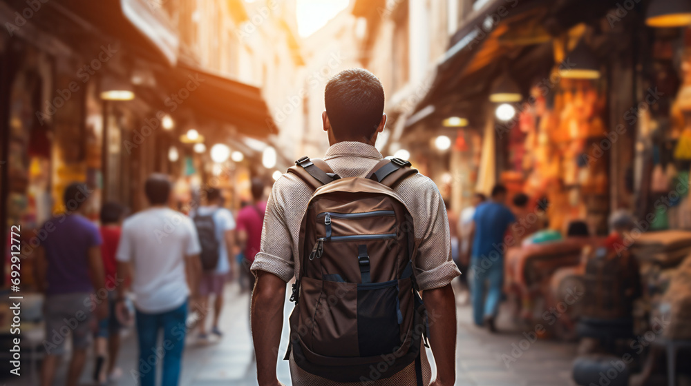 Tourist with backpack in the back