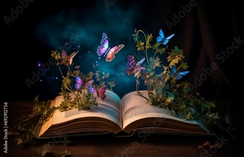 Magic book fairy pages with butterflies. Open enchanting radiant fairytale storybook. Generate ai
