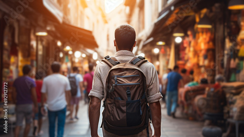 Tourist with backpack in the back