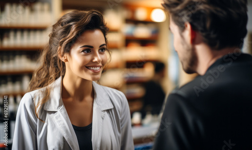 Friendly female pharmacist consulting with a male customer at a modern pharmacy with shelves of products in the background photo