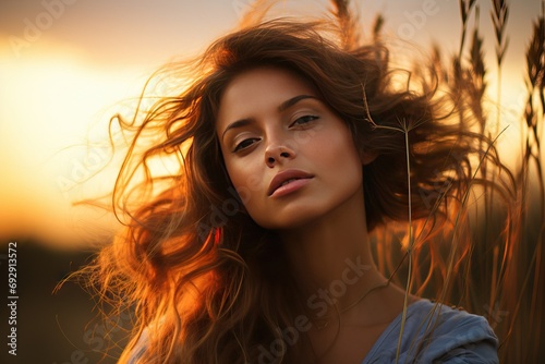 sunset feild woman tender young portrait close accessory attractive beautiful beauty bohemian closeup concept conceptual fashion feeling female field flower free freedom girl gypsy hair lifestyle © sandra