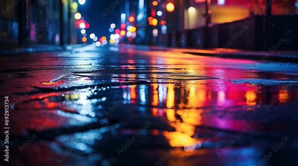 Vibrant Neon Lights Reflecting in City Puddles: Abstract Night Scene with Blurred Bokeh Illumination