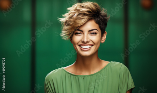 Charming and cheerful woman with a pixie haircut in a green blouse on a matching background, smiling brightly showcasing her modern style and happiness photo