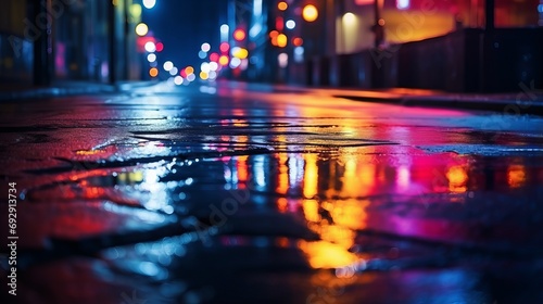 Vibrant Neon Lights Reflecting in City Puddles: Abstract Night Scene with Blurred Bokeh Illumination