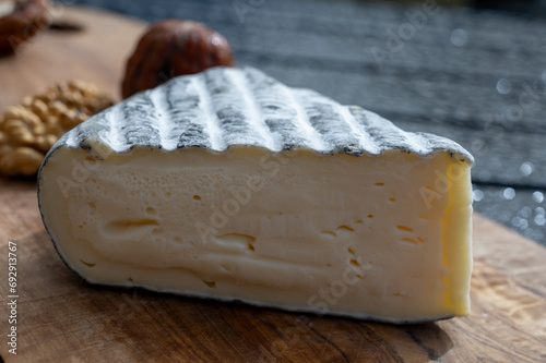 Piece of cheese tomme de chevre made from goat milk in France