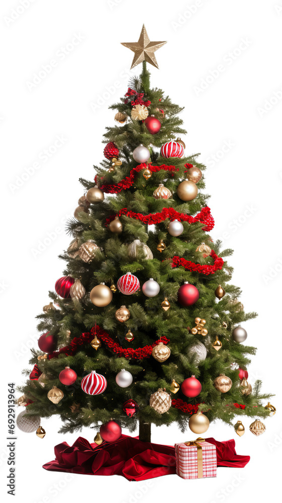 Decorated Christmas tree on a transparent background