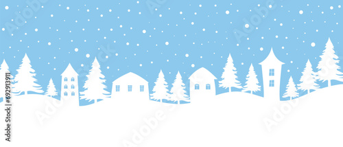 Christmas background. Winter village. Winter landscape with houses and fir trees.