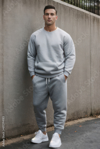 Fitness young man in light tracksuit stands against the wall. Generative AI
