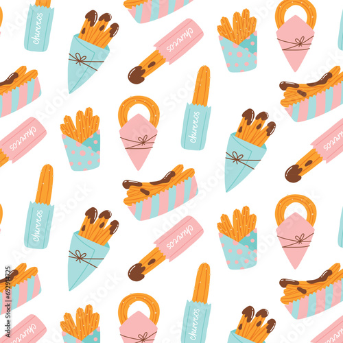 Seamless pattern with churros. Vector illustration in hand drawn flat style. Pattern with chocolate churros in a paper bag.