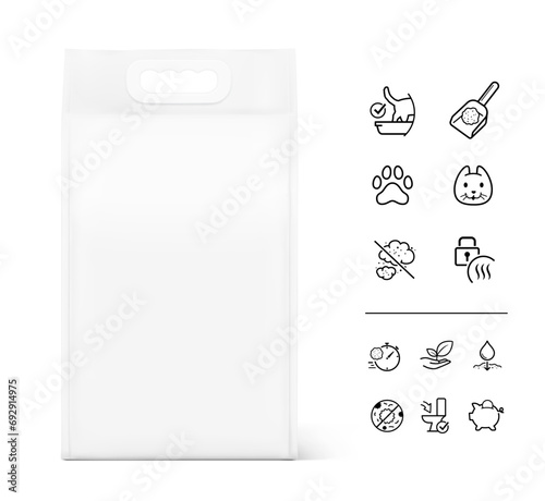 Realistic snap seal plastic shopping bag with handles mockup with set icons for cat litter. Front view. Vector illustration isolated on white background. Ready for use in presentation, promo. EPS10.