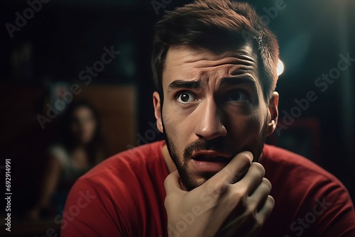 Handsome man 30 years old troubled face. Guy with beard in thoughtful amazed position. Generate ai