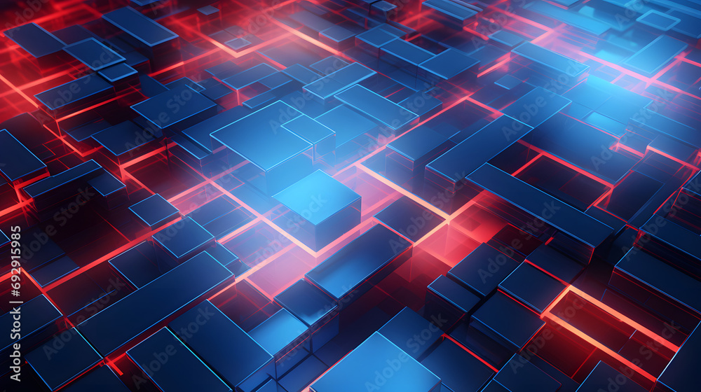 Obraz premium 3d rendering of red and blue abstract geometric background. Scene for advertising, technology, showcase, banner, game, sport, cosmetic, business, metaverse. Sci-Fi Illustration. Product display
