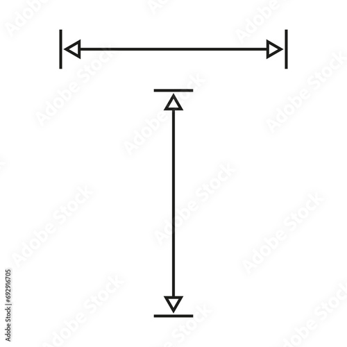 Long double arrow. Thin dual arrows. Vector drawing with size. Illustration on white background. 
