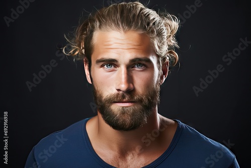 camera expression serious looking tshirt blue beard hairstyle stylish man young beautiful Close adult male manly emotion mature unshaved caucasian alone attractive bearded copy space studio photo