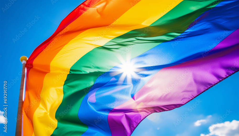 Rainbow LGBT flag against a clear blue sky with sunlight. Worldwide ...