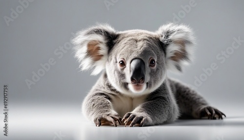Cute koala on grey background, closeup. Funny animal