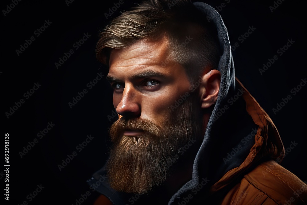 Fototapeta premium background dark man bearded brutal serious image Closeup beard moustache barbershop red face young guy hipster fashion stylish attractive photogenic model beauty razor unshaved black turtleneck