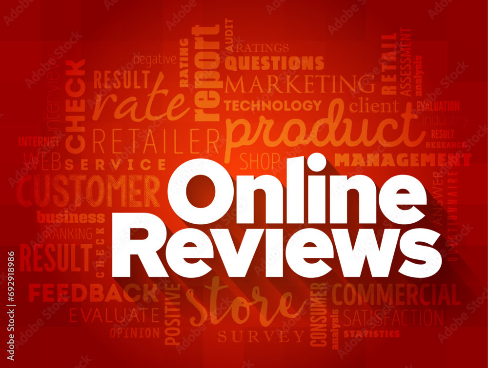Online Reviews - reflects the opinions and experiences of a customer purchasing a product or service, word cloud concept background