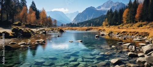 Sunny day in the Mountains. amazing view of the lake With autumn trees photo