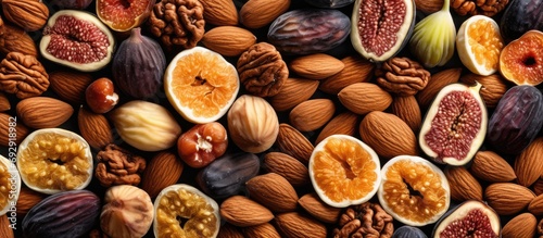 Assortment of dried figs  nuts  and fruits  seen from above  close-up  horizontal view.