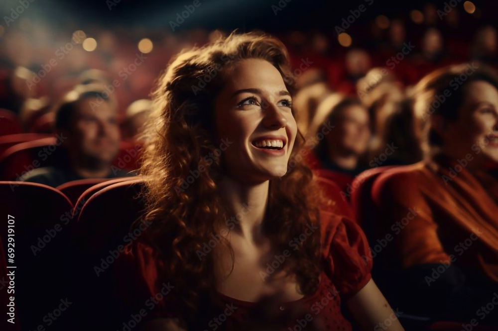 Group of cheerful people laughing while watching movie in cinema