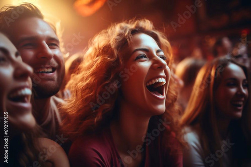 Group of cheerful people laughing while watching movie in cinema, concert, TV, cheering