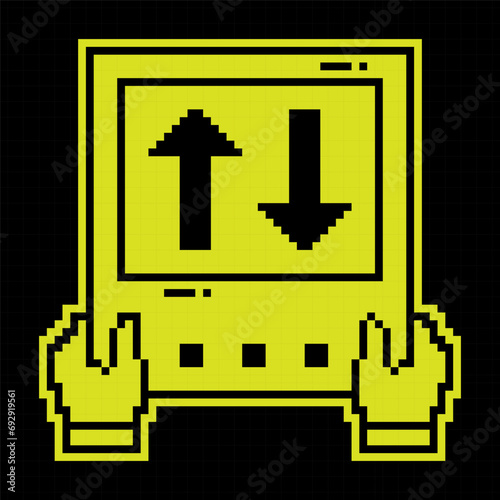 Pixel silhouette icon. Sports match referee hand showing electronic scoreboard for player substitution. Simple black and yellow vector isolated