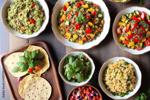 Vegetarian cuisine. Tasty Couscous with vegetables and spices in bowls on wooden table, Bowls of healthy vegetarian lentil salad , Generative AI