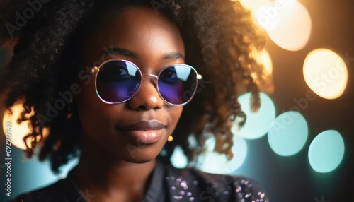 young adult african american woman with sunglasses and creative lights