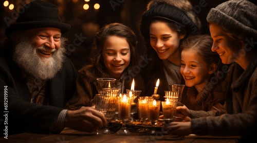 An old man looking joyful with children with candles  looking happy. Generative AI
