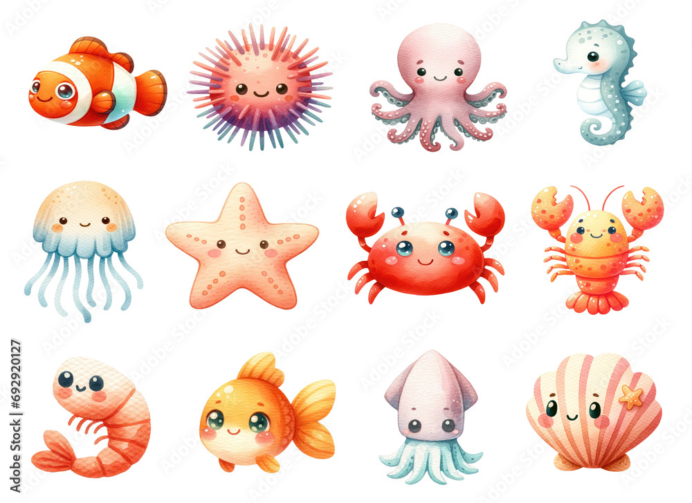 Naklejka premium Watercolor Cute Sea Animals Set. Set of Adorable Sea Animals Clipart. Watercolor Domestic Animal Illustrations.
