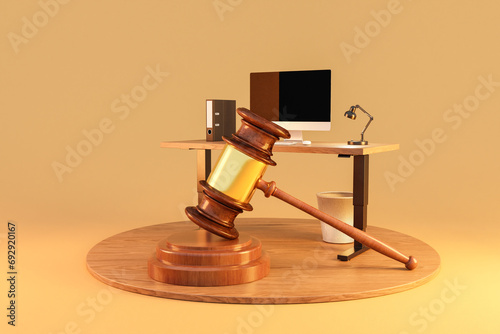 giant judge hammer standing in front of modern pc internet workspace on desk; infinite background; 3D rendering