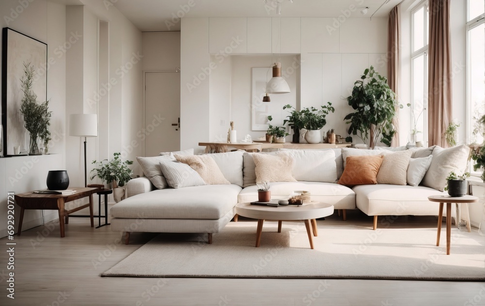 Scandinavian-style studio apartment featuring a modern living room with a white corner sofa