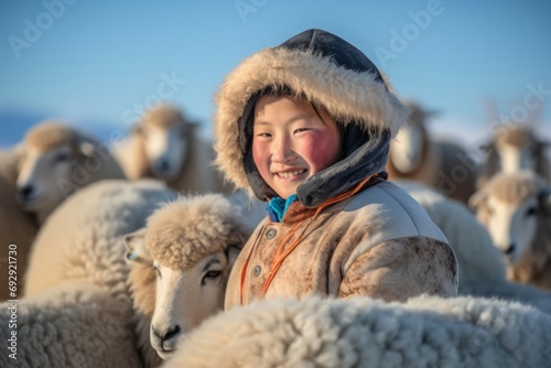 Mongolian girl with sheeps animal. Winter asia mongolia cute female. Generate Ai photo