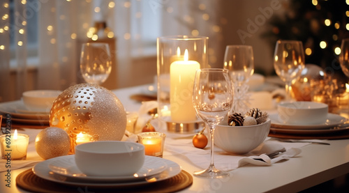 Festive table setting with candles and Christmas decor in room  closeup