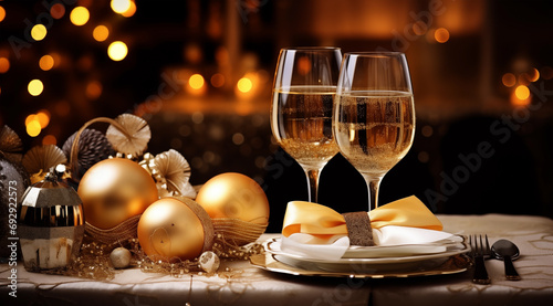 Two glasses of champagne on a table in a restaurant with Christmas decorations