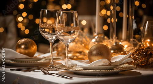 Christmas table setting with gold ornaments and golden baubles