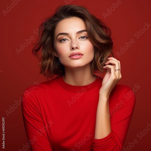 Photo portrait of charming woman touching face cheek with hand posing playfully isolated on vivid red colored background