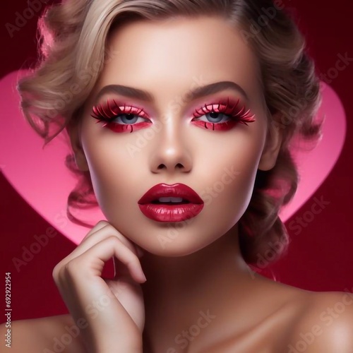 Valentine Heart Kiss on the Lips. Makeup. Beauty  Lips with Heart Shape paint. Valentines Day. Beautiful Love Make-up.