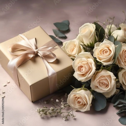 Realistic beautifully wrapped gift for Valentine s day lies on the table with a bouquet of white roses  top view with copy space 