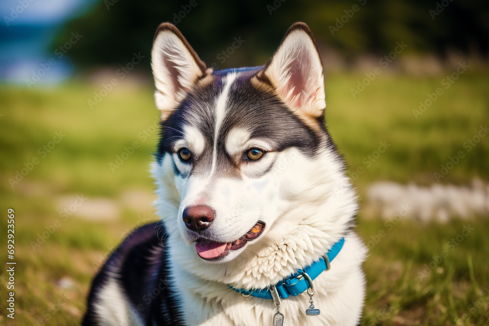 Portrait of a beautiful Alaskan husky dog in the park. Siberian Husky dog with blue eyes in winter forest. Generative AI Portrait of a beautiful Alaskan husky dog in the park. Siberian Husky dog with blue eyes in winter forest. Generative AI