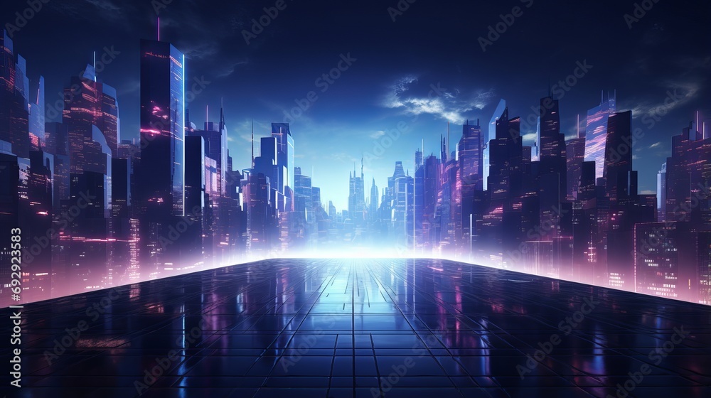 Vibrant Urban Cityscape with Neon Lights: Modern Hi-Tech Futuristic Architecture, Science and Technology Concept