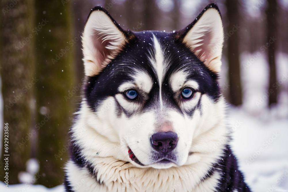 Portrait of a beautiful Alaskan husky dog in the park. Siberian Husky dog with blue eyes in winter forest. Generative AI Portrait of a beautiful Alaskan husky dog in the park. Siberian Husky dog with blue eyes in winter forest. Generative AI