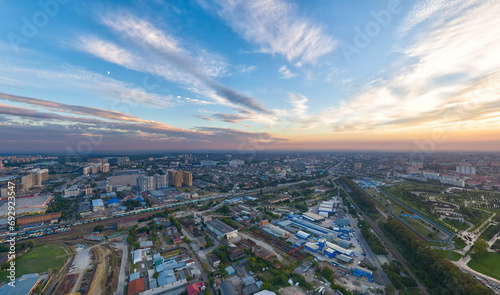 Krasnodar, Russia. Panorama of the city in summer. Sunset. Aerial view