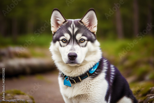 Portrait of a beautiful Alaskan husky dog in the park. Siberian Husky dog with blue eyes in winter forest.  Generative AI photo