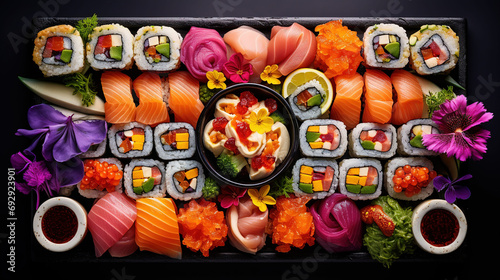 Tasty Sushi with Aesthetic Beauty and Plate Presentation in a Colorful Composition photo