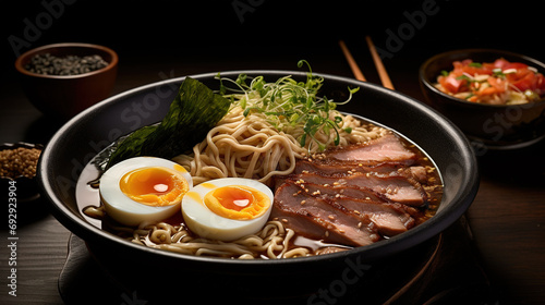 Japanese Tradition with a Steaming Bowl of Ramen, Adorned with Succulent Meat and Boiled Egg