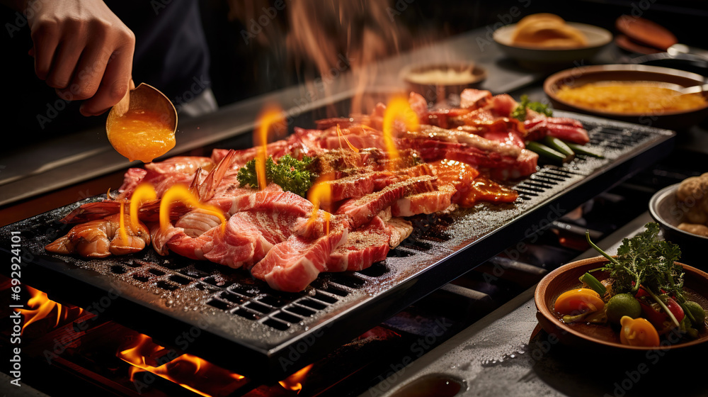 A Teppanyaki Chef Cooking Exquisite Grill Mastery Unveiling the Essence of Seafood
